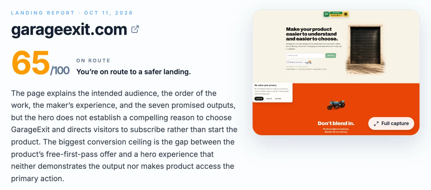 isitlanding report for garageexit.com: 65 out of 100, with the summary and a screenshot of the page